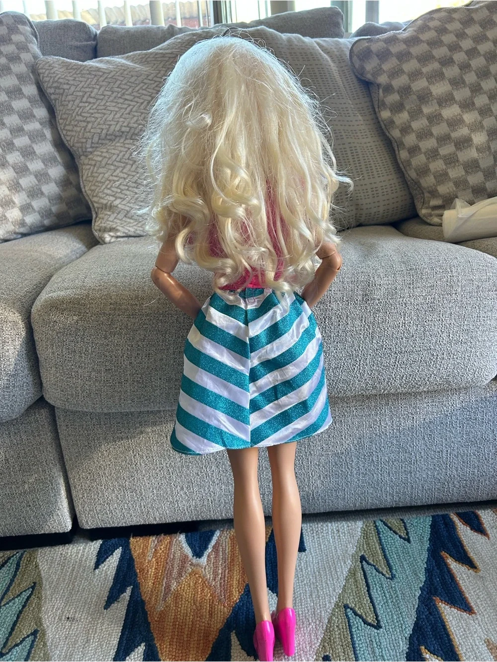 Barbie Fashion Doll Outfit Set - Pink Top with Teal and White Striped Skirt 28”